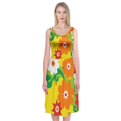 Flower Power Wallpaper Green Yellow Orange Red Midi Sleeveless Dress by EDDArt