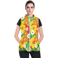 Flower Power Wallpaper Green Yellow Orange Red Women s Puffer Vest by EDDArt