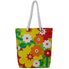 Flower Power Wallpaper Green Yellow Orange Red Full Print Rope Handle Tote (small) by EDDArt