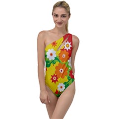 Flower Power Wallpaper Green Yellow Orange Red To One Side Swimsuit by EDDArt