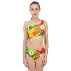 Flower Power Wallpaper Green Yellow Orange Red Spliced Up Two Piece Swimsuit