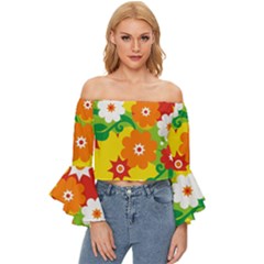 Flower Power Wallpaper Green Yellow Orange Red Off Shoulder Flutter Bell Sleeve Top by EDDArt