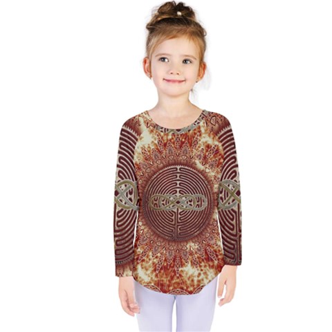 Chartres Double Infinity Antique Mandala Kids  Long Sleeve Tee by EDDArt