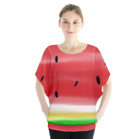 Painted Watermelon Pattern, Fruit Themed Apparel Batwing Chiffon Blouse by Casemiro