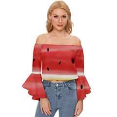 Painted Watermelon Pattern, Fruit Themed Apparel Off Shoulder Flutter Bell Sleeve Top by Casemiro