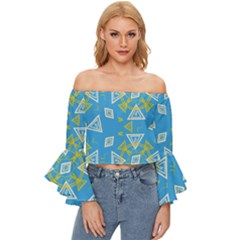 Abstract Pattern Geometric Backgrounds   Off Shoulder Flutter Bell Sleeve Top