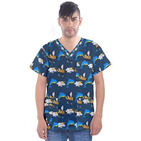 Dolphins Bees Pattern Men s V-neck Scrub Top by Sparkle
