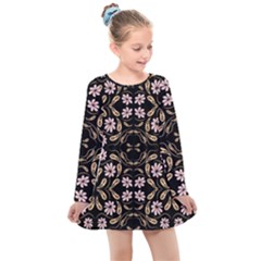 Folk Flowers Print Floral Pattern Ethnic Art Kids  Long Sleeve Dress by Eskimos