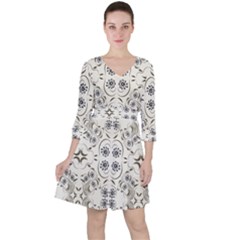 Folk Flowers Print Floral Pattern Ethnic Art Quarter Sleeve Ruffle Waist Dress by Eskimos