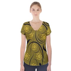 Folk Flowers Print Floral Pattern Ethnic Art Short Sleeve Front Detail Top by Eskimos