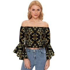 Folk Flowers Print Floral Pattern Ethnic Art Off Shoulder Flutter Bell Sleeve Top by Eskimos