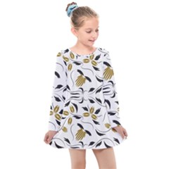 Folk Flowers Print Floral Pattern Ethnic Art Kids  Long Sleeve Dress by Eskimos