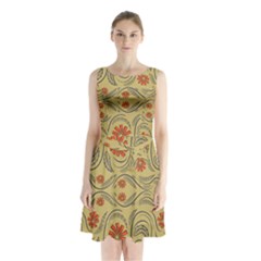 Folk Flowers Print Floral Pattern Ethnic Art Sleeveless Waist Tie Chiffon Dress by Eskimos