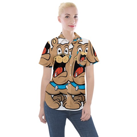 Bulldog-cartoon-illustration-11650862 Women s Short Sleeve Pocket Shirt by jellybeansanddinosaurs