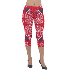 Floral Folk Damask Pattern Fantasy Flowers  Lightweight Velour Capri Leggings  by Eskimos