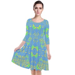 Floral Folk Damask Pattern Fantasy Flowers  Quarter Sleeve Waist Band Dress