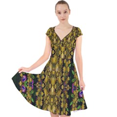 Fanciful Fantasy Flower Forest Cap Sleeve Front Wrap Midi Dress