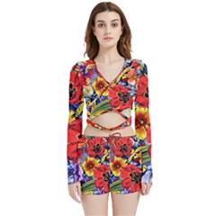 Flower Pattern Velvet Wrap Crop Top And Shorts Set by CoshaArt