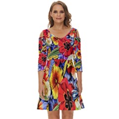 Flower Pattern Shoulder Cut Out Zip Up Dress by CoshaArt