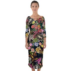 Tropical Pattern Quarter Sleeve Midi Bodycon Dress