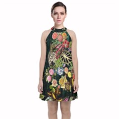 Tropical Pattern Velvet Halter Neckline Dress 