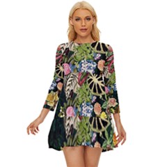 Tropical Pattern Long Sleeve Babydoll Dress