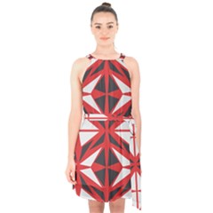 Abstract Pattern Geometric Backgrounds   Halter Collar Waist Tie Chiffon Dress