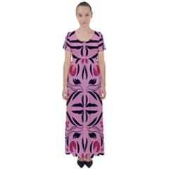 Floral Folk Damask Pattern  High Waist Short Sleeve Maxi Dress