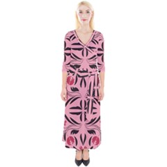 Floral Folk Damask Pattern  Quarter Sleeve Wrap Maxi Dress