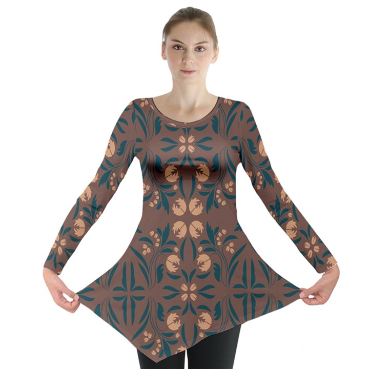 Floral folk damask pattern  Long Sleeve Tunic 