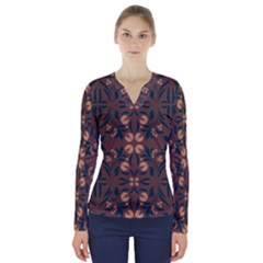 Floral Folk Damask Pattern  V-neck Long Sleeve Top