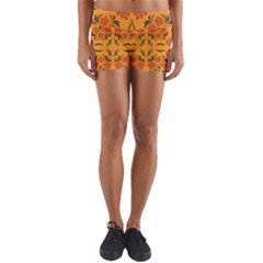 Floral Folk Damask Pattern  Yoga Shorts by Eskimos