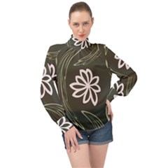 Folk flowers print Floral pattern Ethnic art High Neck Long Sleeve Chiffon Top