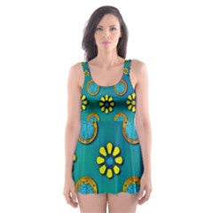 Yellow And Blue Proud Blooming Flowers Skater Dress Swimsuit by pepitasart