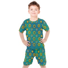 Yellow And Blue Proud Blooming Flowers Kids  Tee And Shorts Set by pepitasart
