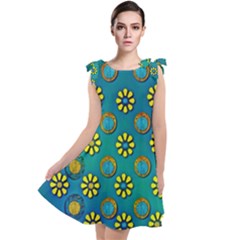 Yellow And Blue Proud Blooming Flowers Tie Up Tunic Dress by pepitasart