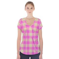 Pink Tartan 4 Short Sleeve Front Detail Top