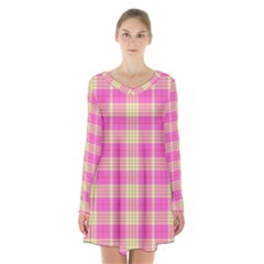 Pink Tartan 4 Long Sleeve Velvet V-neck Dress