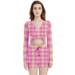 Pink Tartan 4 Velvet Wrap Crop Top and Shorts Set