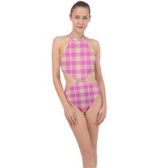 Pink Tartan 4 Halter Side Cut Swimsuit