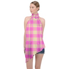 Pink Tartan 4 Halter Asymmetric Satin Top