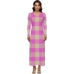 Pink Tartan 4 Long Sleeve Velour Longline Maxi Dress