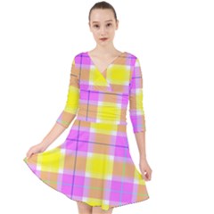 Pink Tartan-8 Quarter Sleeve Front Wrap Dress