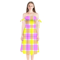 Pink Tartan-8 Shoulder Tie Bardot Midi Dress