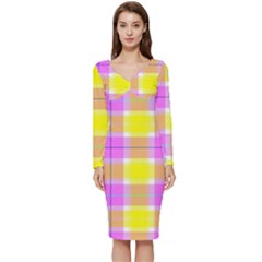 Pink Tartan-8 Long Sleeve V-Neck Bodycon Dress 