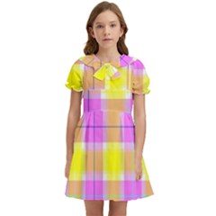 Pink Tartan-8 Kids  Bow Tie Puff Sleeve Dress by tartantotartanspink