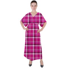 Pink Tartan-9 V-neck Boho Style Maxi Dress