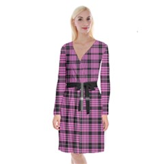Pink Tartan 3 Long Sleeve Velvet Front Wrap Dress by tartantotartanspink