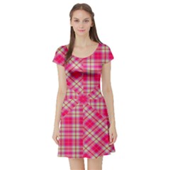 Pink Tartan-10 Short Sleeve Skater Dress