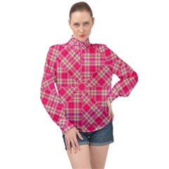 Pink Tartan-10 High Neck Long Sleeve Chiffon Top by tartantotartanspink